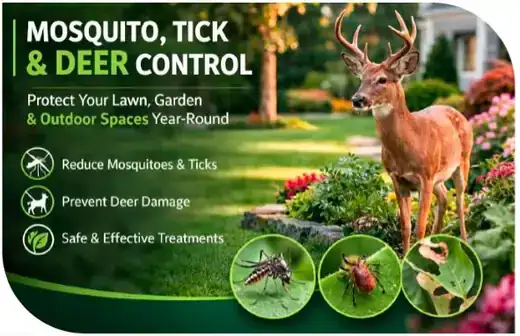 Mosquito, Tick and Deer Control flyer with a deer in a flowering garden